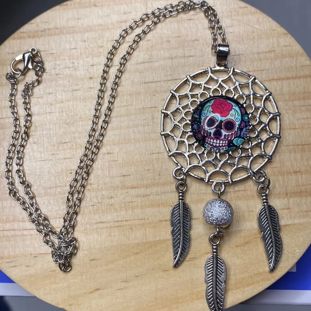 Sugar Skull Dream Catcher Silver Necklace Rose Pendant Day of the Dead Halloween